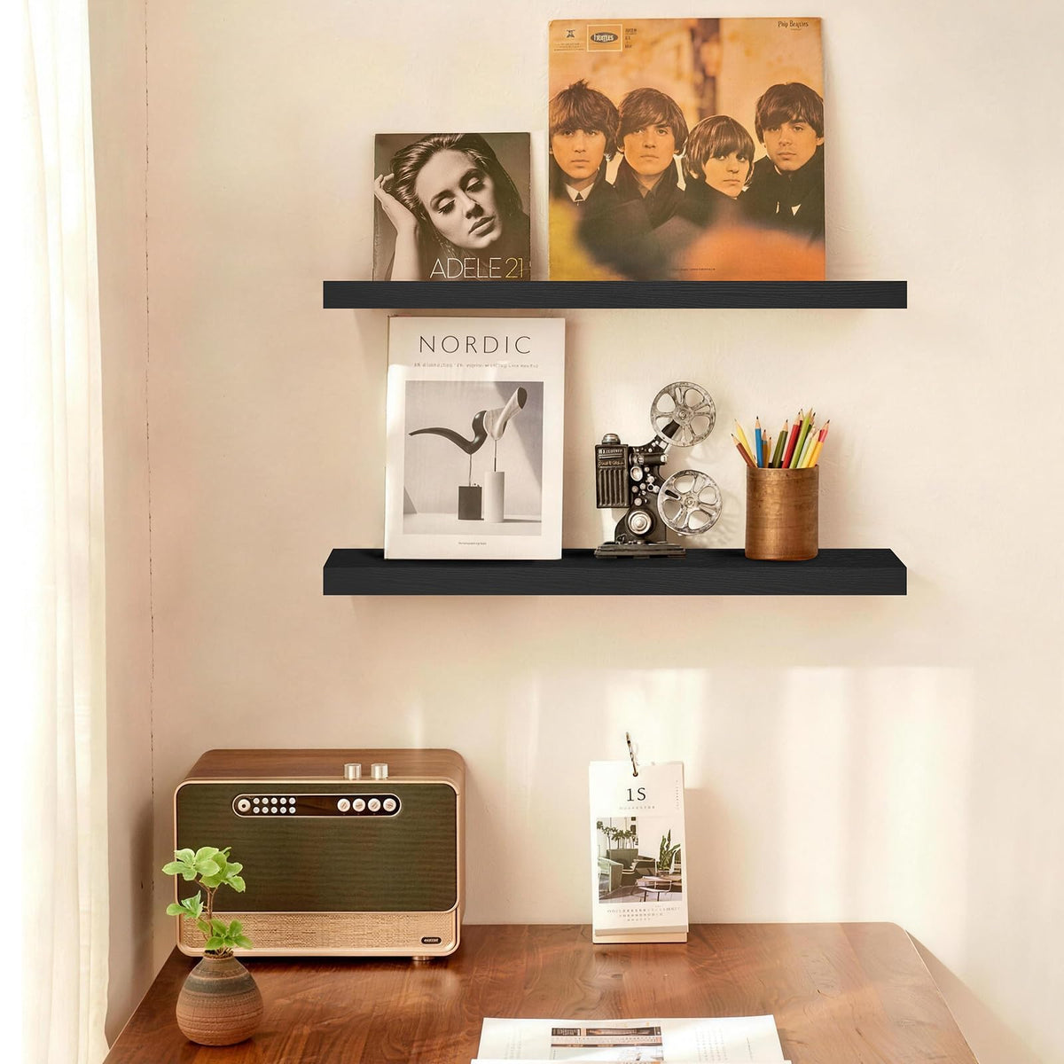 Bayka living room wall shelf displaying books and decor ideas