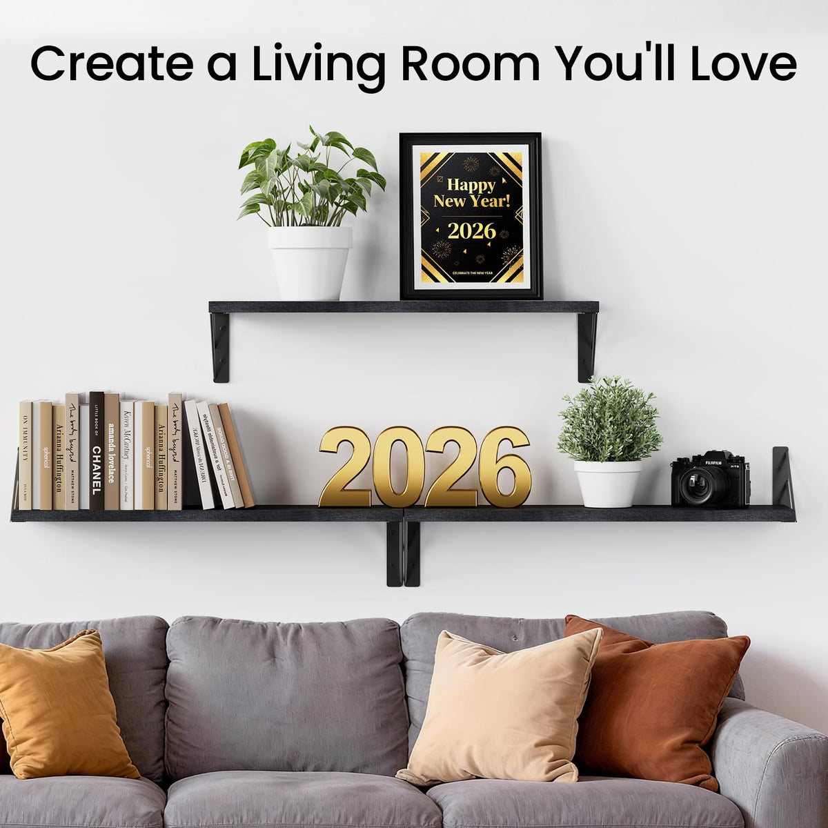 Bayka floating shelves create a modern wood display in the living room.