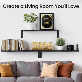 Bayka floating shelves create a modern wood display in the living room.