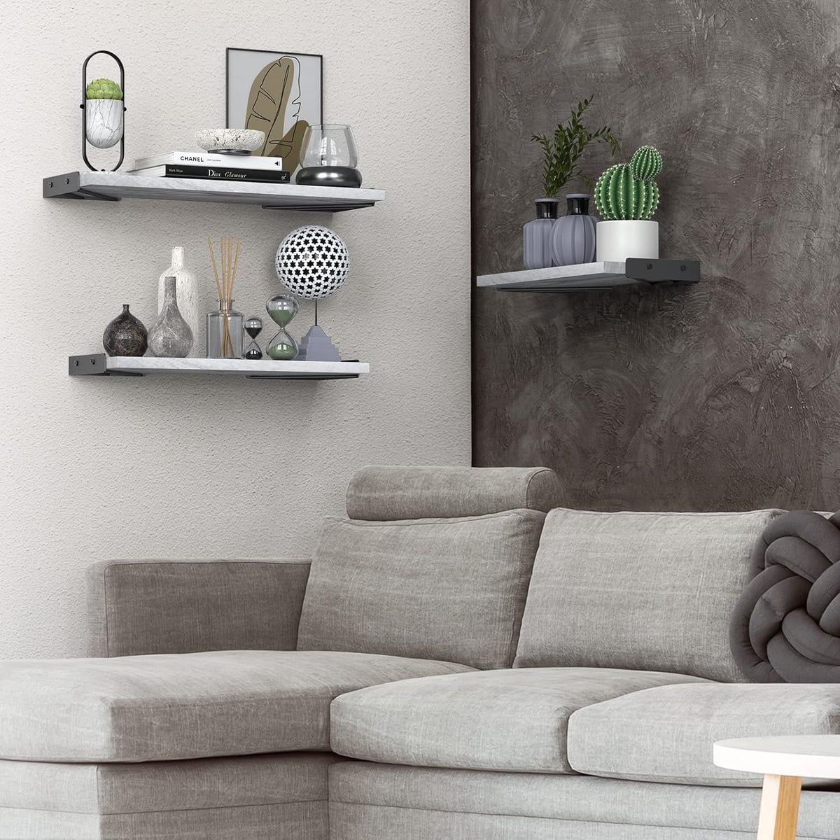 Close-up of BAYKA floating shelves showing paulownia wood and metal brackets for sturdy display.