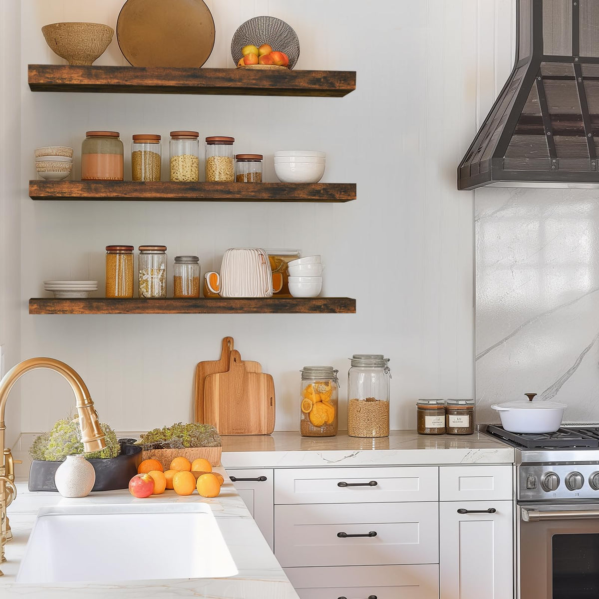 Bayka rustic brown finish shelves highlight natural wood grain for living room décor.