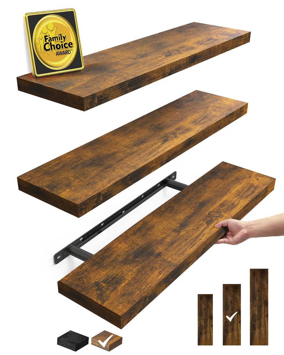 BAYKA rustic floating shelves set of three on wall, ideal for books and decor display