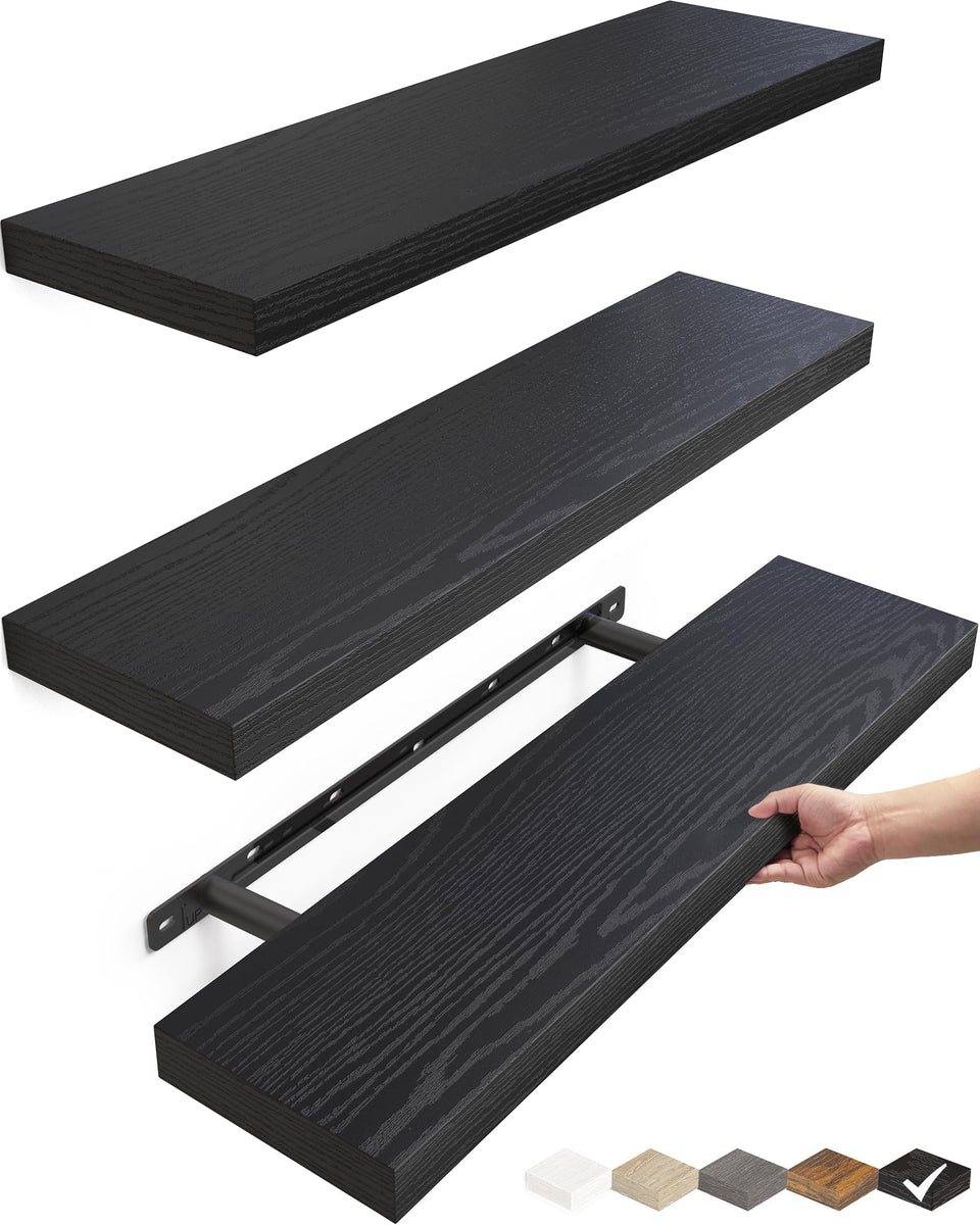Bayka floating shelves trio in black with clean lines for stylish storage of books