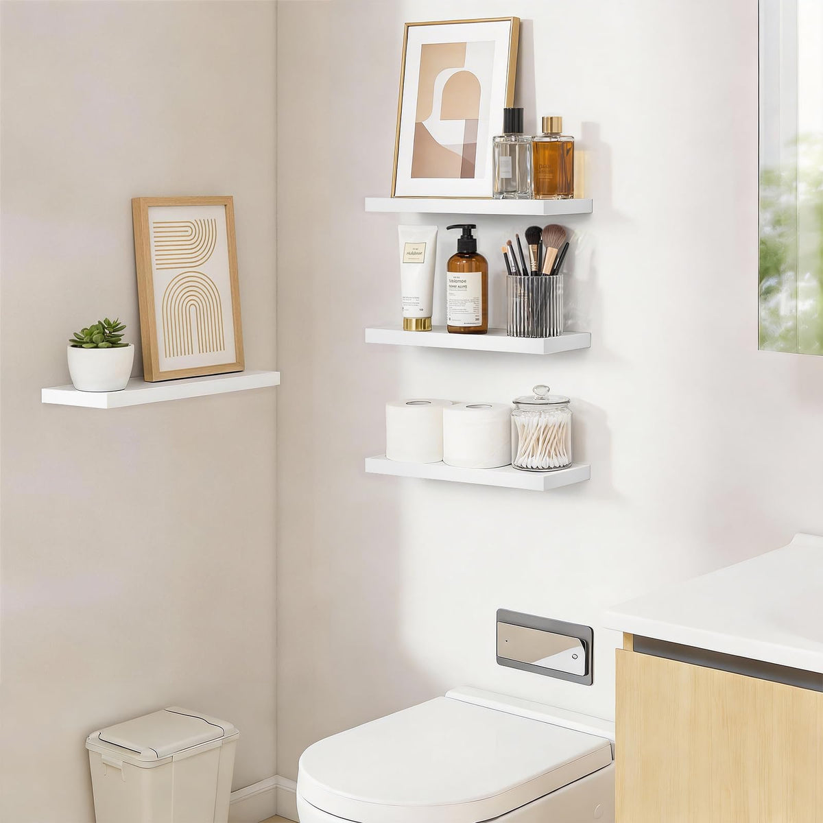 BAYKA four-pack white shelves ready for assembly and wall mounting