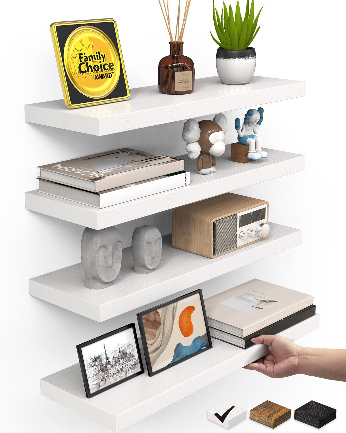 BAYKA floating shelves in white with woodgrain display for stylish storage