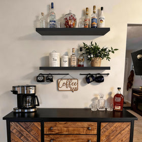 BAYKA rustic wood shelves close-up showing grain and protective sealant.