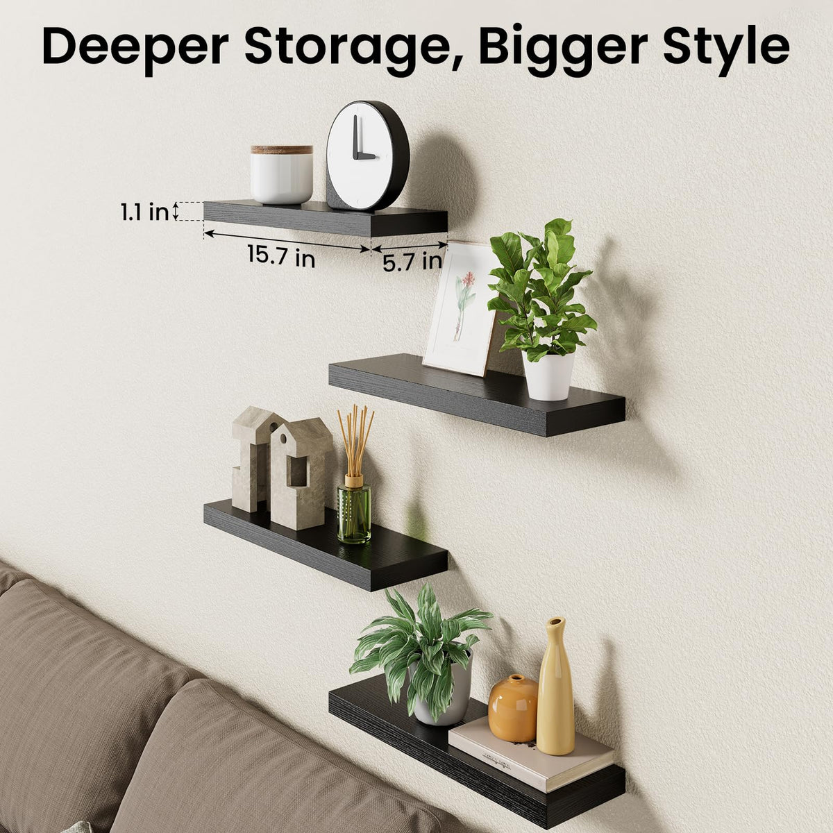 Bayka four-shelf layout enables balanced wall designs and varied displays