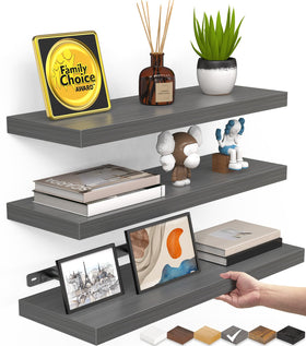 Bayka grey floating shelves, 3-set, wall-mounted for organized display.