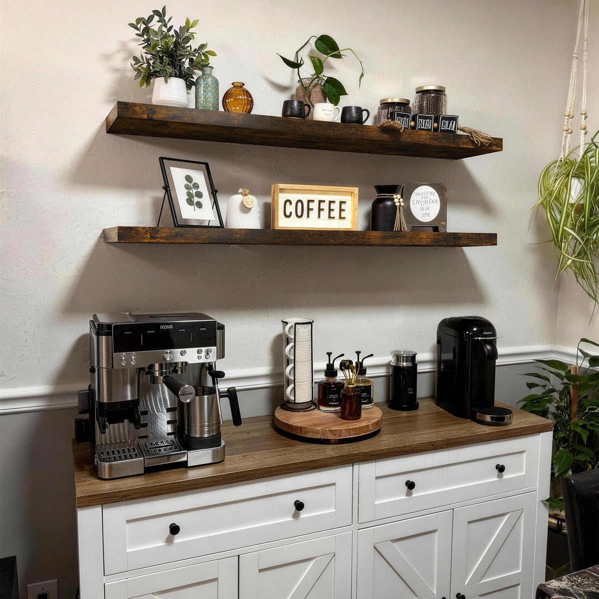 Bayka rustic shelves in a bedroom displaying books and decor.