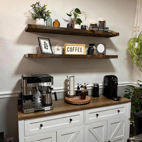 Bayka rustic shelves in a bedroom displaying books and decor.