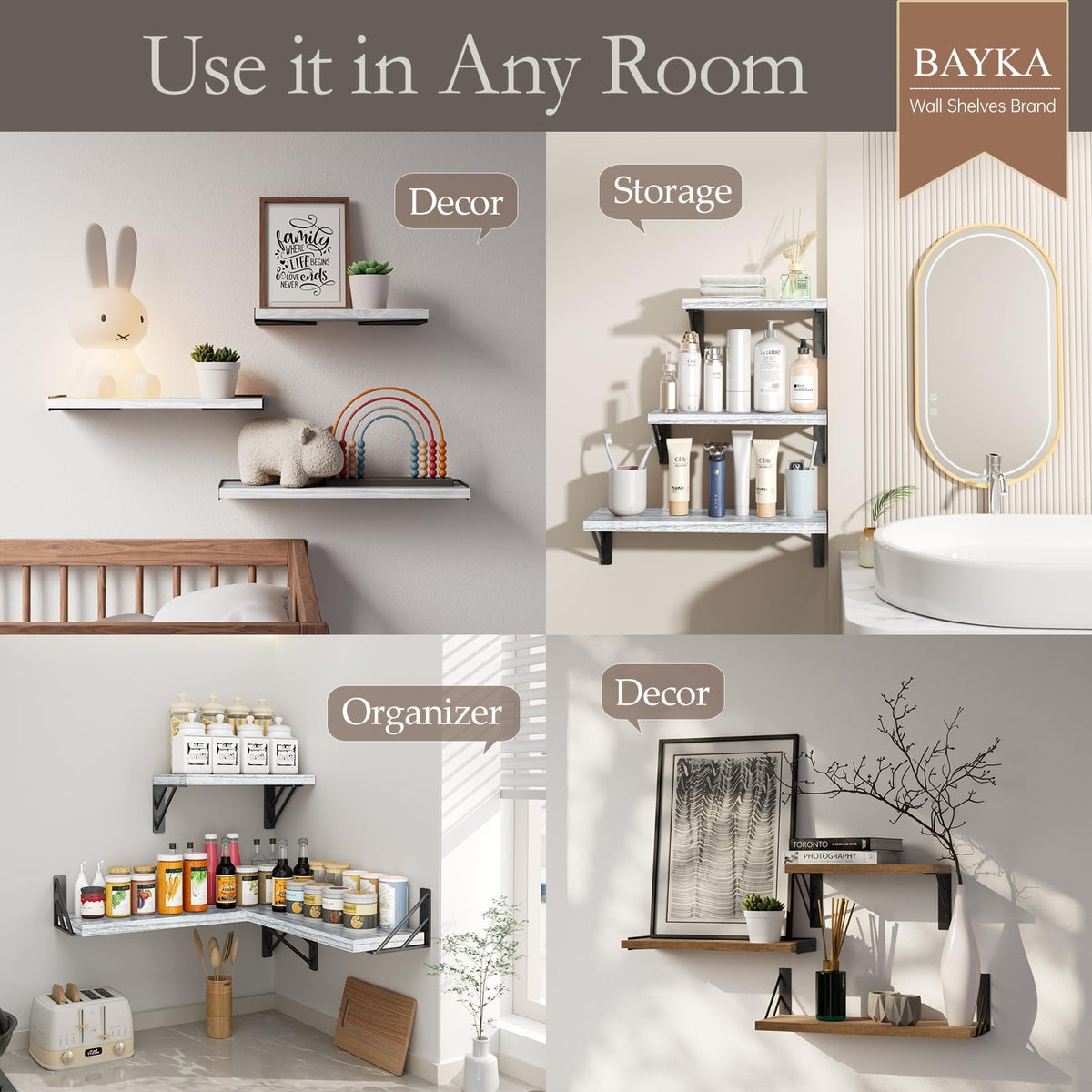 BAYKA shelves in large, medium, and small sizes for varied storage needs.