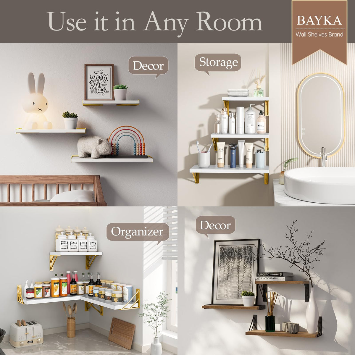 Bayka floating shelves with varied lengths provide flexible decor and book display