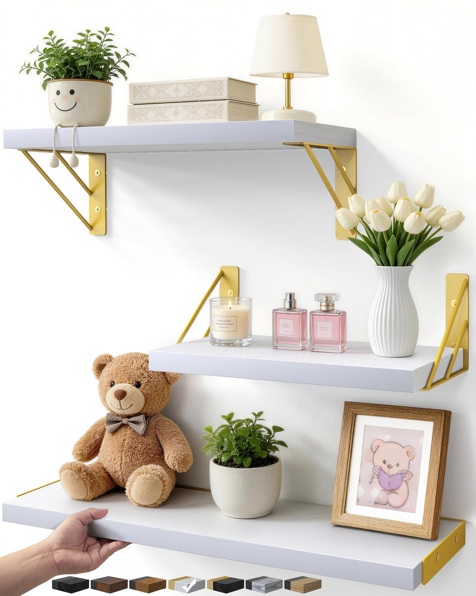 Bayka wall shelves set of 3 in white and gold for organized storage and display