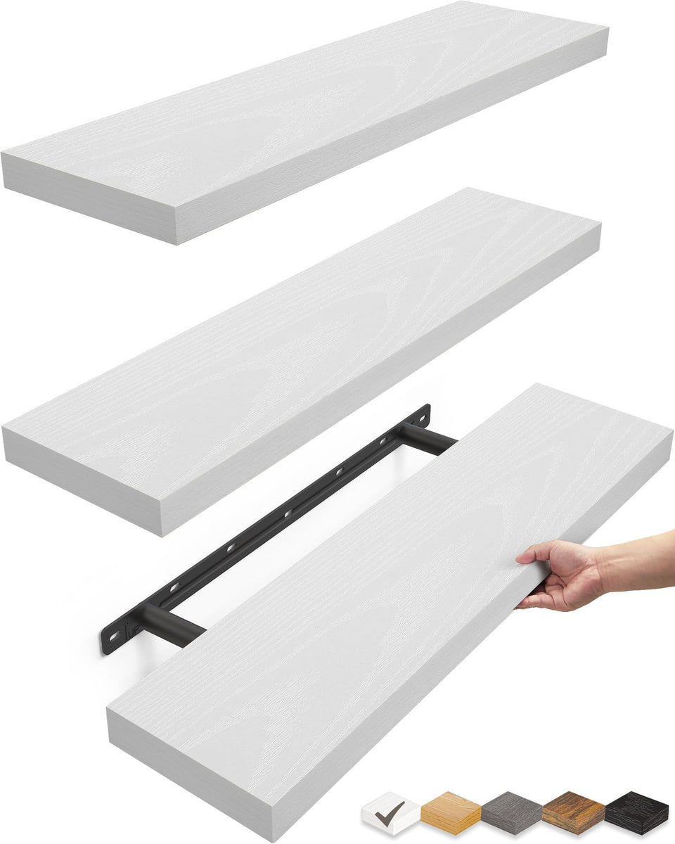 BAYKA three-pack white floating shelves on wall for organized display