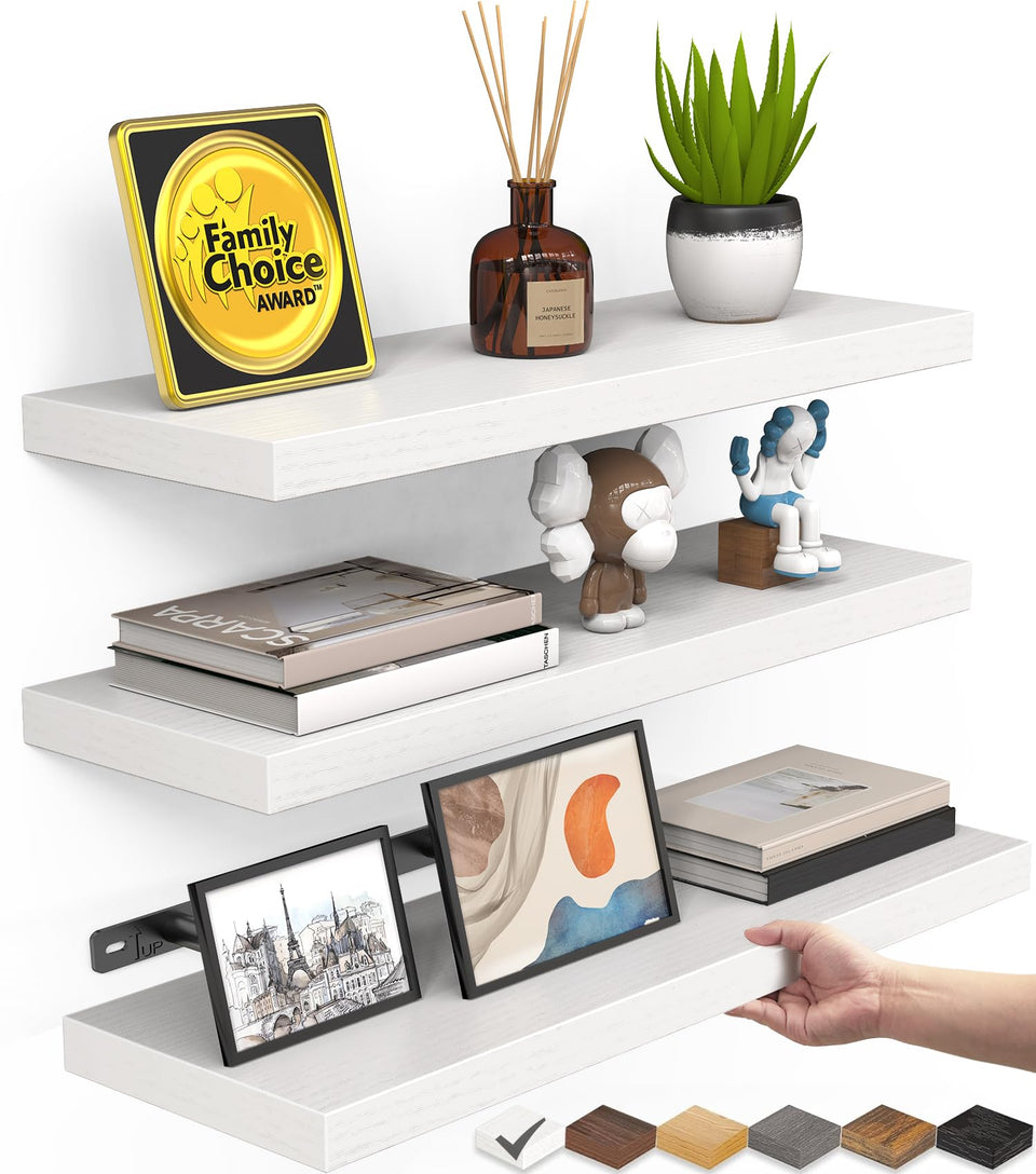 BAYKA white floating shelves set of three with brackets, showing clean lines for a modern bathroom.