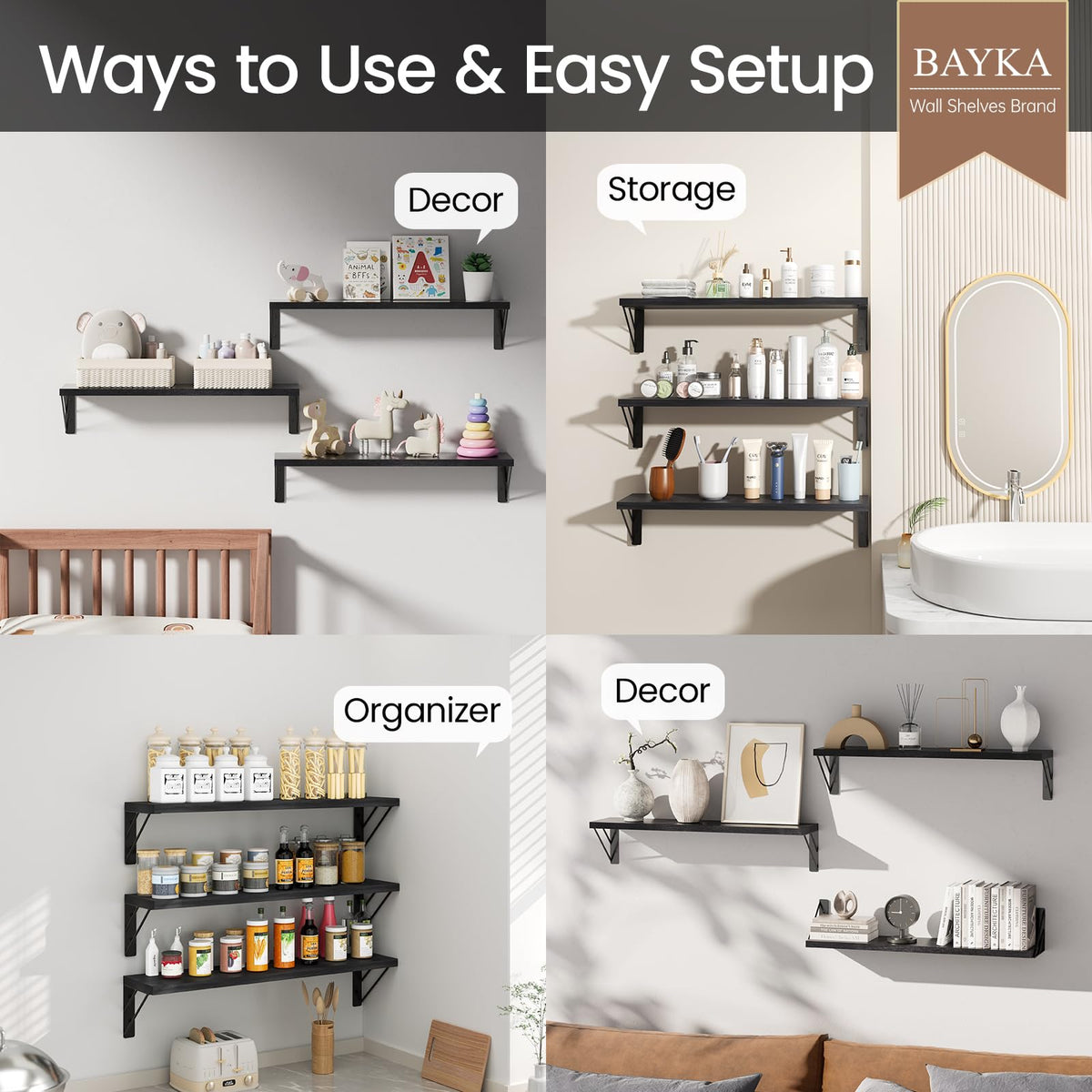 Bayka wood wall shelf enhances bedroom storage with minimalist style.