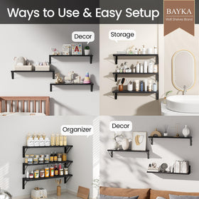 Bayka wood wall shelf enhances bedroom storage with minimalist style.