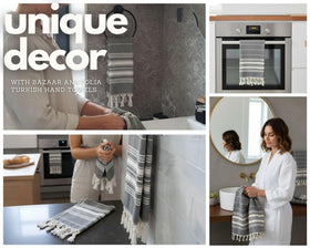 Bazaar Anatolia dish towel stripe black blends function with kitchen decor.