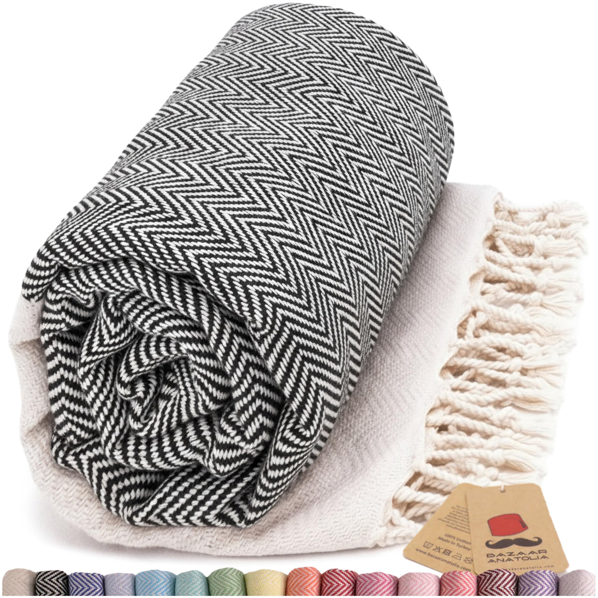 Bazaar Anatolia oversized black herringbone towel, quick-drying for beach days.