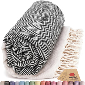 Bazaar Anatolia oversized black herringbone towel, quick-drying for beach days.