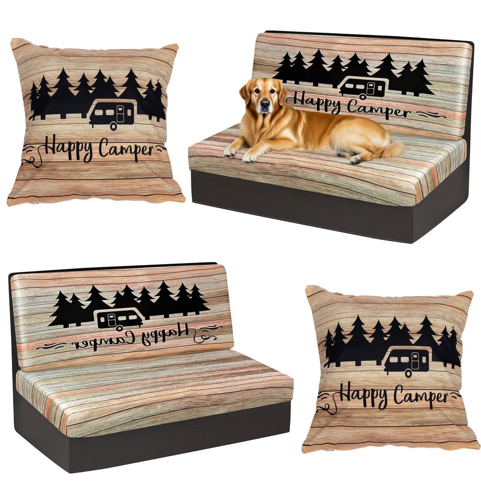 BBSET RV dinette cushion covers in brown woodgrain for durable, stylish seating in an RV.