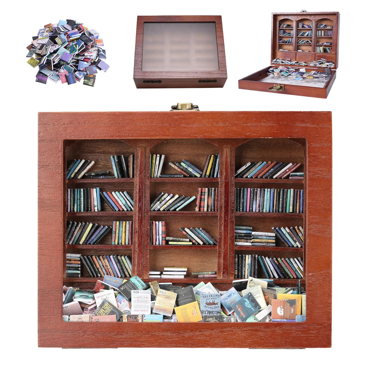 BBVCX Anxiety Bookshelf with 340 miniature book spines enhances desk charm.