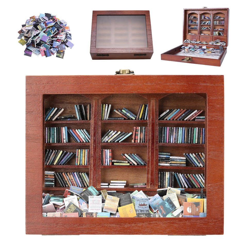 BBVCX Anxiety Bookshelf with 340 miniature book spines enhances desk charm.