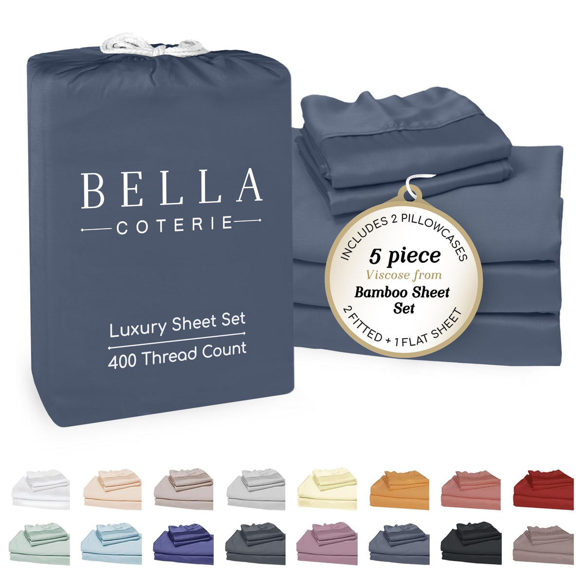 BC Bella Coterie bamboo sheet set in slate blue offers silky-soft cooling comfort.