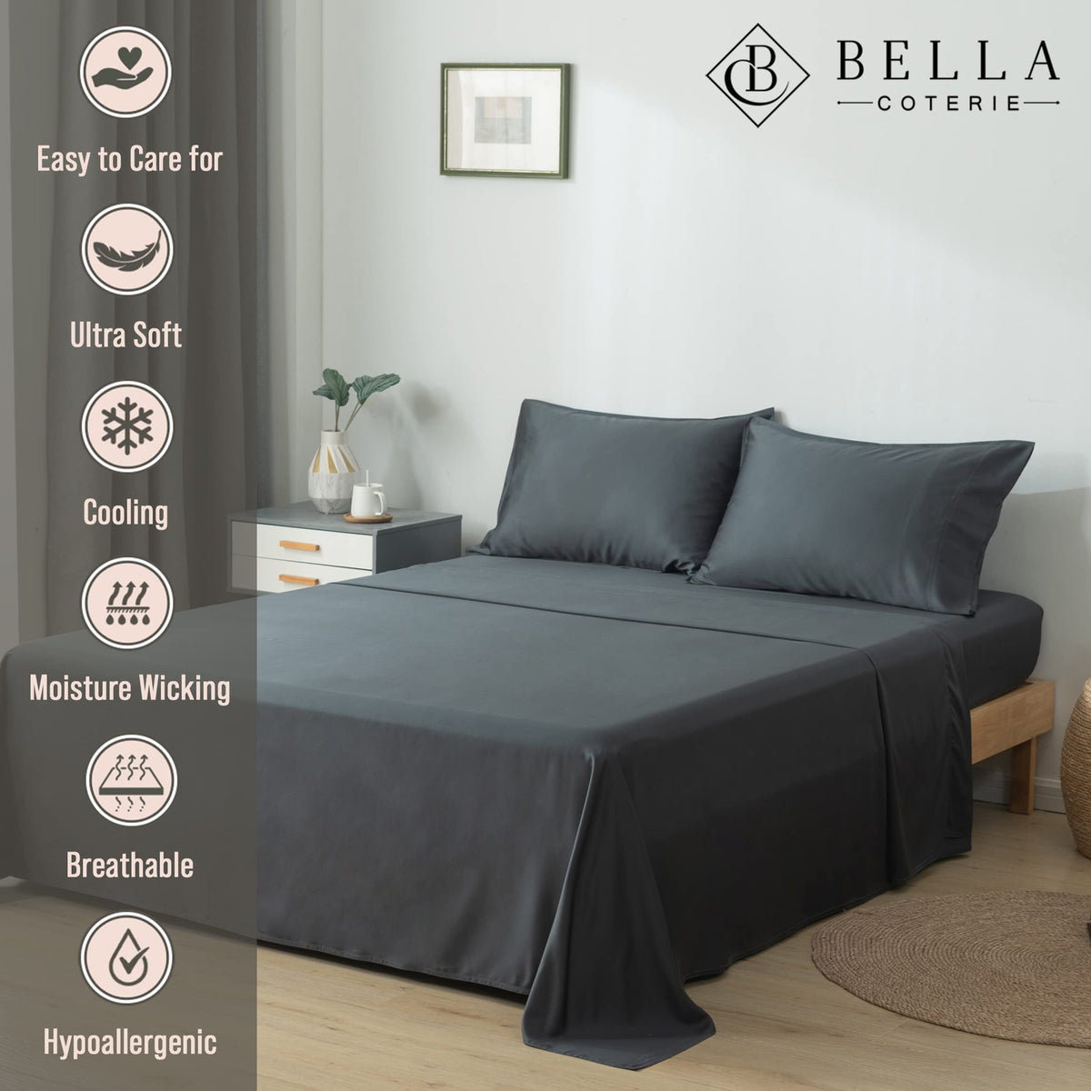 BC Bella Coterie bamboo fitted sheet with 18-inch pocket on plush mattress.