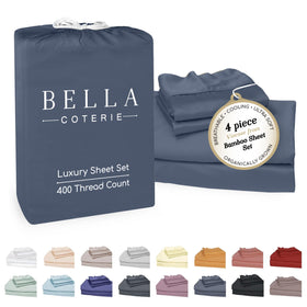 BC Bella Coterie bamboo sheets in slate blue shown flat lay for luxurious, cooling comfort.