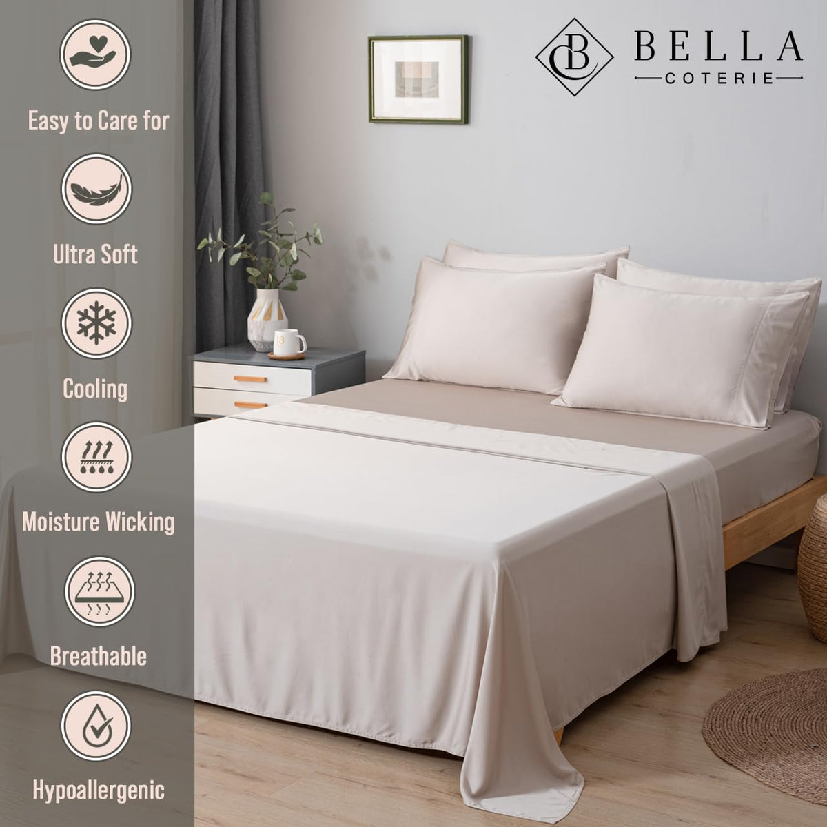 Bella Coterie bamboo viscose fitted sheet in Dune provides secure, deep-pocket fit.