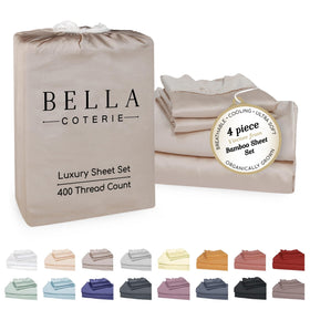 BC Bella Coterie bamboo viscose sheet set in dune closeup showcases silky texture and cooling feel.
