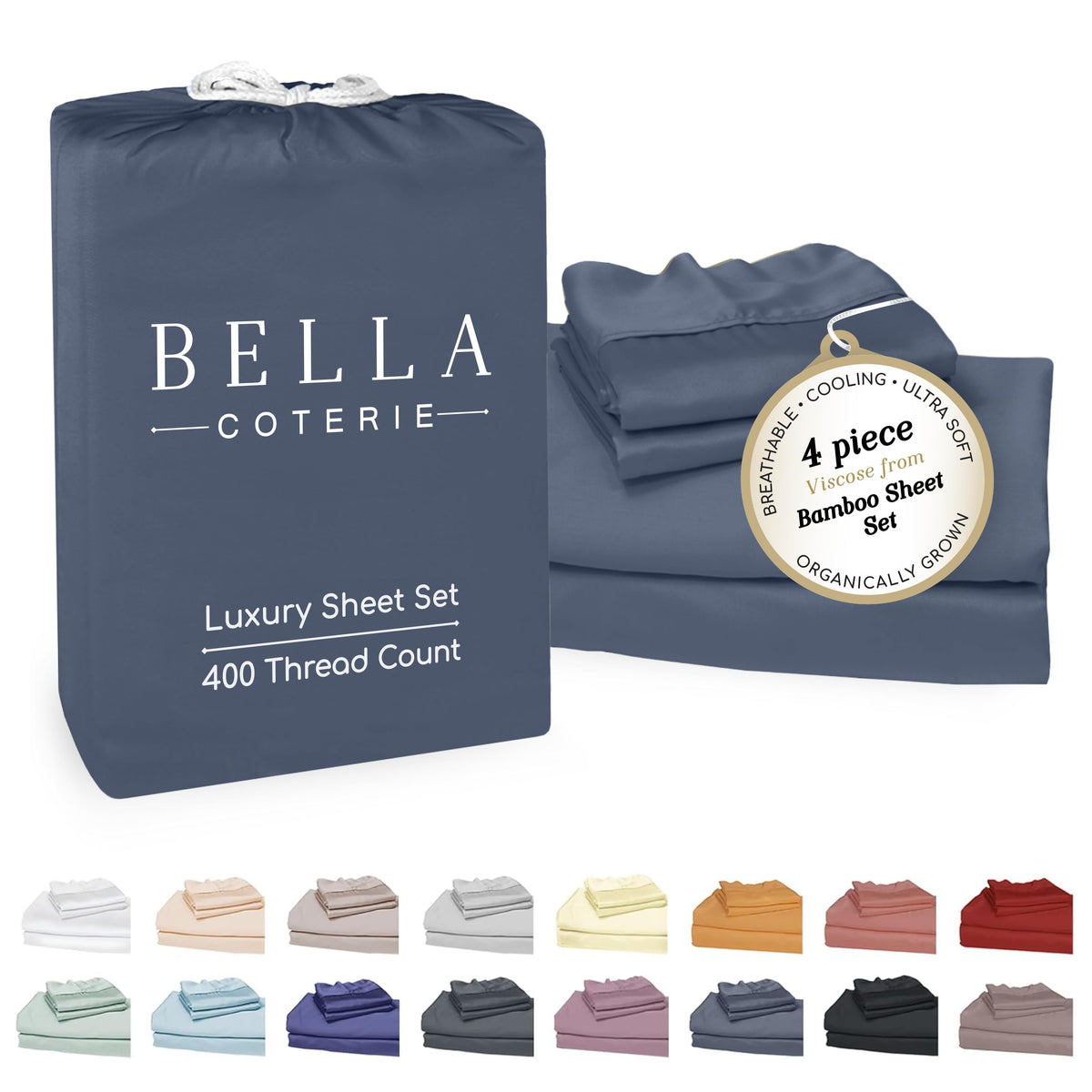 Bella Coterie bamboo viscose sheet set in slate blue folded for display, silky-smooth feel.