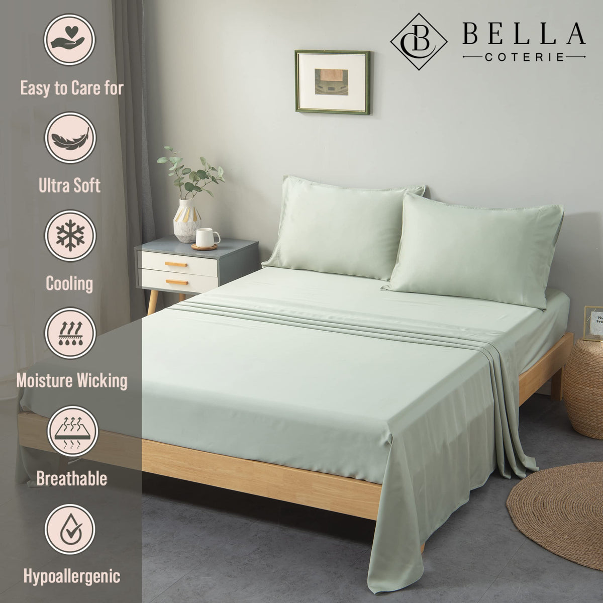 Bella Coterie sea glass sheets folded, highlighting deep-pocket compatibility and secure fit.