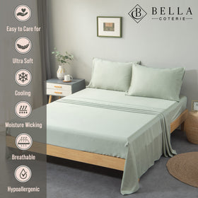 Bella Coterie sea glass sheets folded, highlighting deep-pocket compatibility and secure fit.