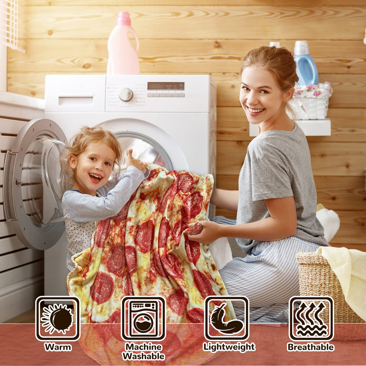 Bcareself pizza blanket machine-washable care keeps softness after many uses.