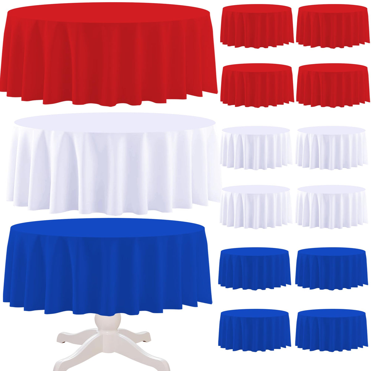 BCCSNNM patriotic round tablecloth 84-inch drapes over a table for spill protection.