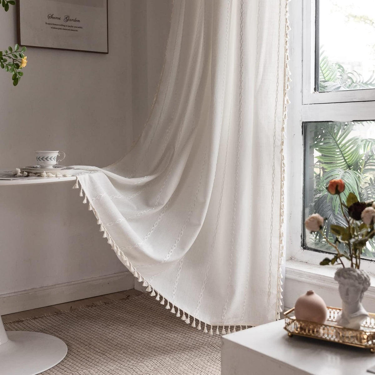 BCLBUSTE curtains showing embroidery and tassels for rustic chic