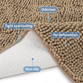Bcoimo bath mat by sink area blends with decor and dries quickly.