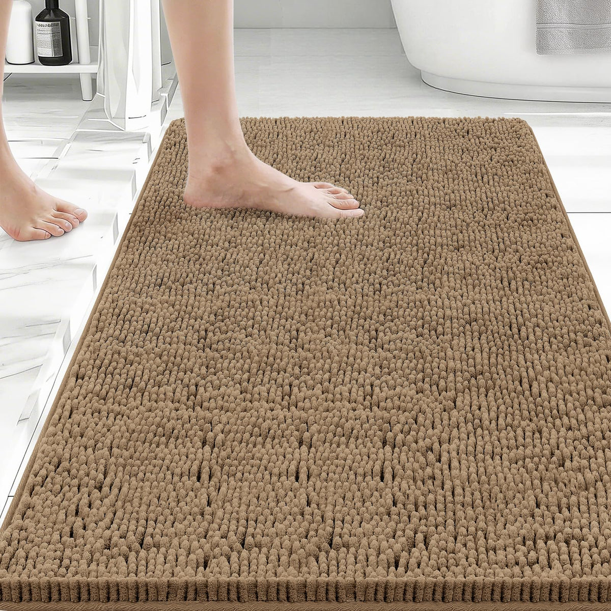 Bcoimo chenille bath mat 36x24 front view offers plush comfort and absorbency by the tub.