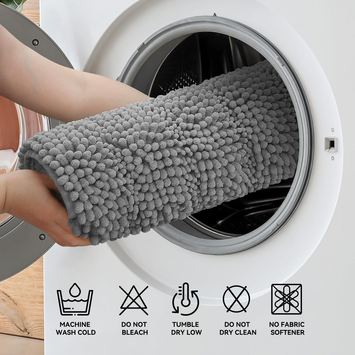 Bcoimo soft chenille bath mat bathed in sunlight for inviting look.