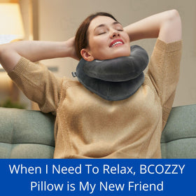 BCOZZY neck brace pillow overlap arms demonstrates double chin and neck support.