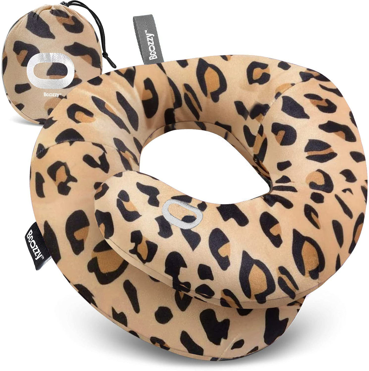 BCOZZY travel neck pillow leopard cover, front view, dual head and neck support