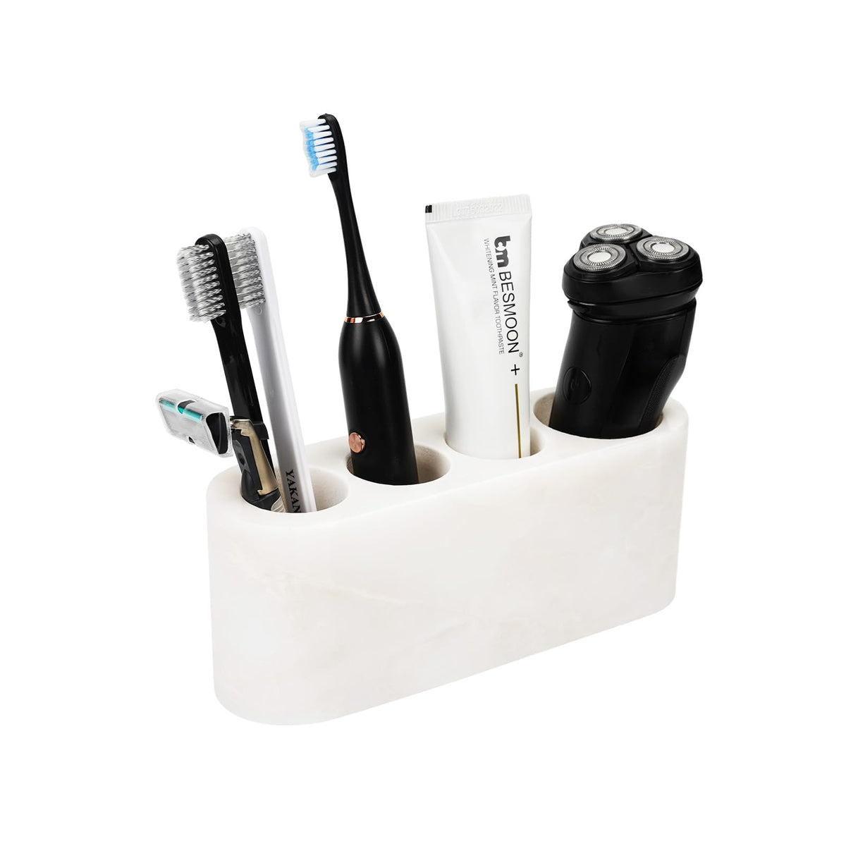 BCS Karibib Ice marble toothbrush holder with four organized slots for essentials.