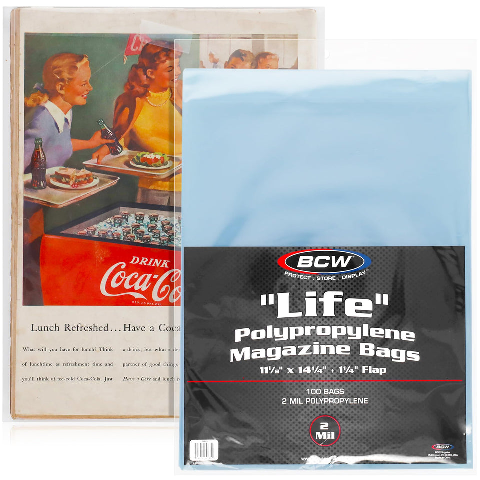 BCW Life Magazine Bags crystal-clear polypropylene display magazines with archival clarity.