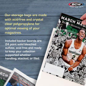 BCW standard-size protectors fit 8 ¾ x 11 1/8 inches magazines