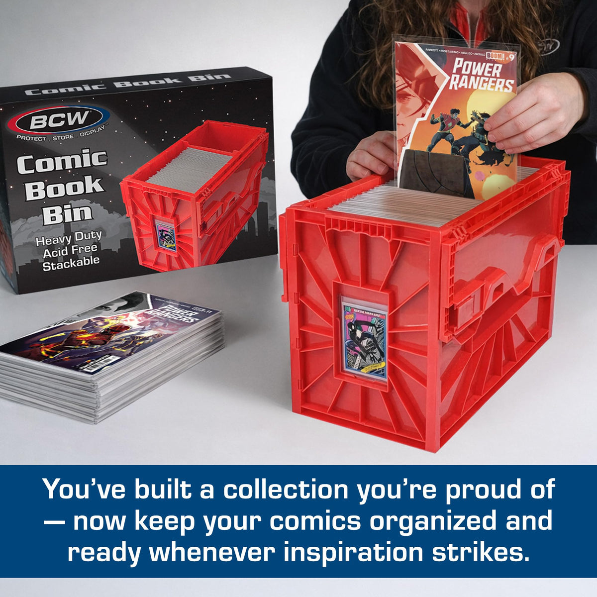 BCW Short Comic Bin front view in red illustrating quick access and labeling