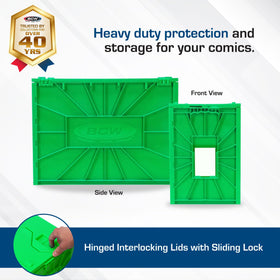BCW short comic bin showing movable partition and identification slot for labeling.