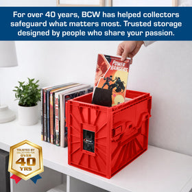BCW Short Comic Bin side view in red emphasizes sturdy, space-saving design