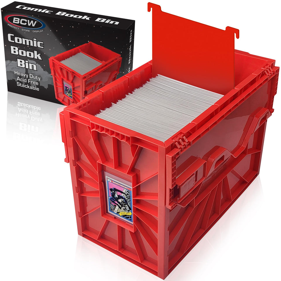 BCW Short Comic Bin top view in red showing stackable storage for 150 comics